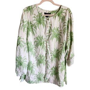 Tahari Shirt Women's 2XL XXL White Green 100% Linen Roll Tab Sleeve Top Blouse N